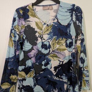 Chicos Blue Green Floral V Neck Long Sleeve Top Size 0 US Size S